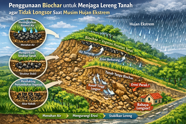 Biochar untuk Menjaga Lereng Tanah agar Tidak Longsor saat Musim Hujan Ekstrem