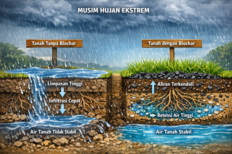 Penggunaan Biochar Menjaga Stabilitas Air Tanah saat Musim Hujan Ekstrem